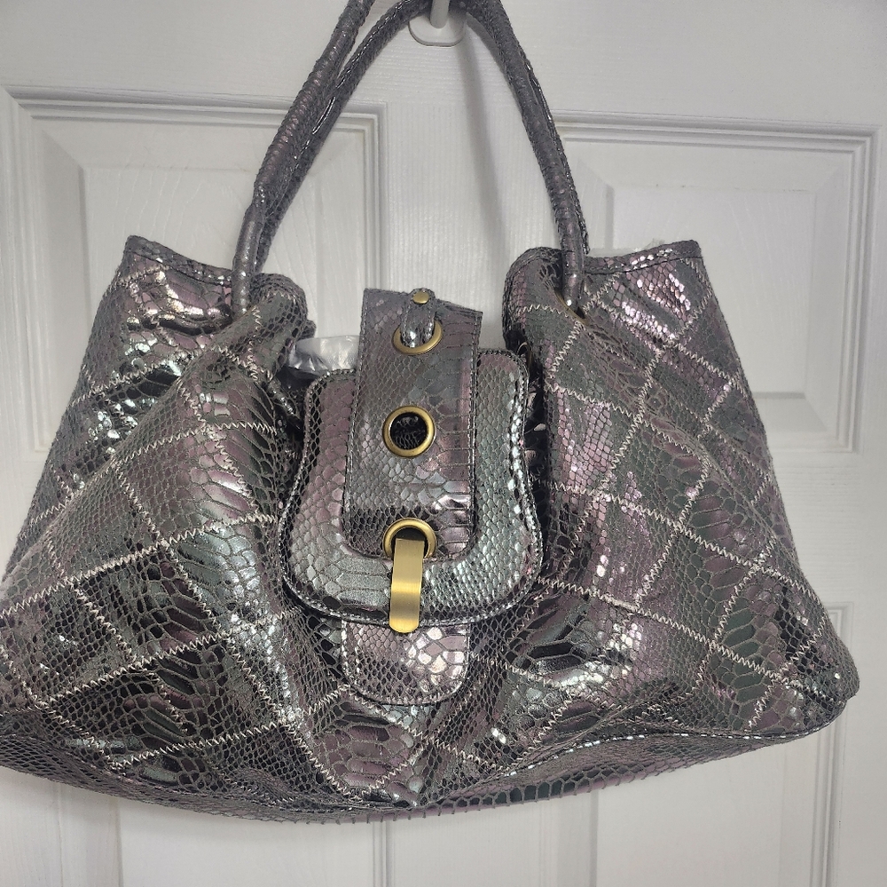Large Pewter Metallic Hobo Shoulder Bag Snakeskin Print
